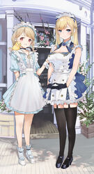  2girls absurdres aizawa_ema animal_on_shoulder apron aqua_hair bad_id bad_pixiv_id bird bird_on_shoulder black_choker black_footwear black_gloves black_thighhighs blonde_hair blue_dress blue_eyes braid breasts center_frills choker cleavage collarbone dress flat_chest frilled_apron frilled_socks frills full_body ga/ddd gloves gradient_hair grin hair_flaps highres interlocked_fingers kogara_toto large_breasts long_hair looking_at_viewer lupinus_virtual_games maid maid_apron maid_headdress mary_janes multicolored_hair multiple_girls outdoors plaid plaid_dress plant potted_plant red_eyes sailor_collar shoes sidelocks sleeveless sleeveless_dress smile socks standing swept_bangs thighhighs twin_braids virtual_youtuber vspo! waist_apron white_footwear white_sailor_collar window wrist_cuffs 