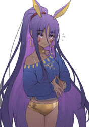  animal_ears bare_shoulders blue_sweater blush bra_strap breasts choker closed_mouth collarbone commentary dark-skinned_female dark_skin earrings egyptian facepaint facial_mark fate/grand_order fate_(series) female fingers_together flying_sweatdrops gold_panties highres hoop_earrings jackal_ears jewelry long_hair long_sleeves looking_at_viewer medium_breasts nitocris_(fate) off-shoulder_sweater off_shoulder ponytail purple_eyes purple_hair sidelocks simple_background solo sweater thighs tonee white_background 