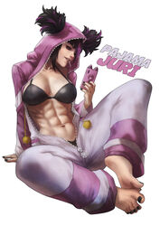  abs absurdres barefoot black_bra black_hair black_nails bra breasts candy cellphone character_name cosplay feet female food hair_through_hood highres hood hood_up juri_han lollipop monori_rogue multicolored_hair muscular muscular_female nail_polish navel official_alternate_costume official_alternate_hairstyle onesie open_pajamas pajamas phone pink_pajamas purple_hair simple_background sitting smartphone smartphone_case smile solo stomach streaked_hair street_fighter street_fighter_6 toenail_polish toenails toes twintails underwear unzipped zipper_pull_tab 