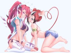  2girls absurdres animal_ears armlet ass barefoot bikini black_hair blue_background blue_eyes breasts double_halo feet hakos_baelz halo heterochromia highres hololive hololive_english hood hoodie horns irys_(hololive) long_hair medium_breasts mouse_ears mouse_girl mouse_tail multicolored_hair multiple_boys multiple_girls open_mouth pointy_ears ponytail purple_eyes purple_hair red_hair short_shorts shorts side-tie_bikini_bottom smile soles spread_toes star_halo streaked_hair swimsuit tail the_raineman thighhighs toeless_legwear toes twintails very_long_hair virtual_youtuber white_hair 