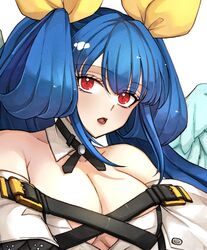  angel_wings asymmetrical_wings bare_shoulders belt blue_hair breasts choker cleavage clothing_cutout collarbone commentary_request detached_collar detached_sleeves dizzy_(guilty_gear) ebi_pri_shrimp female guilty_gear guilty_gear_xrd hair_between_eyes hair_ribbon hair_rings large_breasts long_hair looking_at_viewer mature_female open_mouth red_eyes ribbon shaded_face sidelocks solo twintails upper_body wings yellow_ribbon 