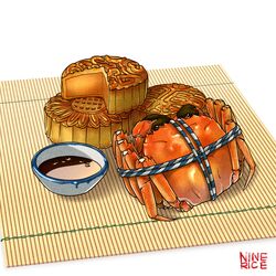  absurdres animal bound crab crustacean food food_focus highres jiumudao makisu mooncake no_humans original pastry saucer simple_background soy_sauce still_life tied_up_(nonsexual) 