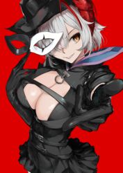  +_+ absurdres ambience_synesthesia antennae arknights black_gloves black_headwear black_shirt breasts cleavage demon_horns elbow_gloves female foreshortening gloves grey_hair highres horns kajuu large_breasts looking_at_viewer mask official_alternate_costume red_background shirt short_hair simple_background solo upper_body w_(arknights) w_(wanted)_(arknights) yellow_eyes 