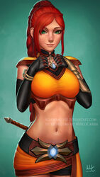  aqua_background armor artist_name belt braid breasts cassie_(paladins) commentary crop_top dated deviantart_username elbow_gloves english_commentary female freckles gloves gradient_background green_eyes hands_up highres italian_commentary large_breasts lips long_hair looking_at_viewer makeup midriff mixed-language_commentary navel nose nostrils orange_shirt paid_reward_available paladins patreon_username red_hair sciamano240 shirt shoulder_armor sidelocks signature simple_background smile solo stomach taut_clothes taut_shirt weapon web_address 