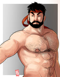  1boy abs arm_hair back_hair bara beard chest_hair doctor_anfelo facial_hair hairy highres large_pectorals male_focus mature_male muscular muscular_male navel navel_hair nipples nude outstretched_arm outstretched_arms pectorals ryu_(street_fighter) short_hair solo spread_arms stomach street_fighter street_fighter_v sweat thick_eyebrows very_sweaty 