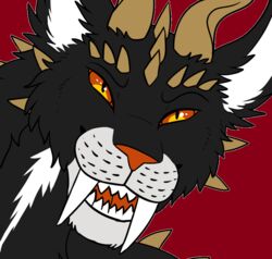  black_body black_fur cat-sith celtic_mythology demonic-dragon digitoxici european_mythology felid feral fufila_(fufila321) fur male mammal mythology orange_eyes orange_nose red-orange_sclera red_background simple_background solo spikes teeth white_body white_fur 