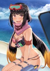  arm_garter arm_under_breasts bare_shoulders beppu_mitsunaka bikini black_gloves black_hair blue_sky blush breasts cellphone cleavage fate/grand_order fate_(series) female gloves goggles goggles_on_head gradient_hair highres large_breasts long_hair looking_at_viewer low_twintails multicolored_hair navel ocean open_mouth osakabehime_(fate) osakabehime_(swimsuit_archer)_(fate) osakabehime_(swimsuit_archer)_(second_ascension)_(fate) phone pink_bikini pink_scarf scarf sitting ski_goggles sky smile swimsuit twintails very_long_hair 