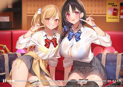  2girls alternate_costume azur_lane bikini bikini_under_clothes black_hair black_skirt blonde_hair blue_bikini blush bow bowtie breasts button_gap cardigan cleavage clothes_around_waist collared_shirt commentary_request dress_shirt fake_video grin gyaru huge_breasts id_card karaoke karaoke_box large_breasts leonardo_da_vinci_(azur_lane) long_hair long_sleeves looking_at_viewer lube miniskirt mole mole_under_eye multiple_girls official_art open_mouth popqn purple_eyes school_uniform shirt skirt small_breasts smile sweater sweater_around_waist swept_bangs swimsuit ting_an_(azur_lane) tissue_box twintails when_you_see_it white_shirt yellow_bikini yellow_cardigan yellow_eyes 