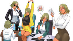  3girls arms_up artist_name breasts business_suit cellphone chair chopsticks closed_mouth commentary computer_keyboard dark-skinned_female dark_skin fingernails fire_emblem fire_emblem_heroes fjorm_(fire_emblem) food formal glasses gradient_hair green_hair highres holding laegjarn_(fire_emblem) laevatein_(fire_emblem) long_hair long_sleeves looking_at_viewer medium_breasts meziosaur monitor mouth_hold multicolored_hair multiple_girls multiple_views notepad office_lady open_clothes open_mouth orange_hair paper phone shirt short_hair signature simple_background skirt suit sunglasses sushi table white_shirt 