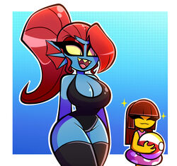  2020 anthro ball beach_ball big_hair black_clothing black_legwear black_lips black_lipstick blue_background border breasts brown_hair cleavage clothed clothing curvy_figure digital_media_(artwork) duo ear_fins emanata eyeshadow fangs female female_frisk_(undertale) fin fish floatie frisk_(undertale) hair hair_over_eye hands_behind_back human inflatable legwear lips lipstick looking_at_another makeup mammal marine nelljoestar non-mammal_breasts one-piece_swimsuit one_eye_obstructed open_mouth outline ponytail pupils red_eyeshadow red_hair scalie simple_background slit_pupils smile sparkles sparkling_character standing swimwear teeth thick_thighs thigh_highs undertale undertale_(series) undyne white_border wide_hips 