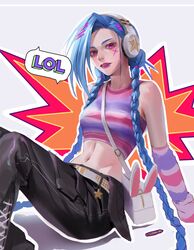  alternate_costume asymmetrical_bangs bag bare_shoulders belt black_pants blue_hair bullet female grey_belt headphones highres jinx_(league_of_legends) knees_up league_of_legends long_hair navel outline pants pink_eyes pink_lips shirt shoulder_bag solo speech_bubble stomach striped_clothes striped_shirt striped_sleeves syami_(choiimi) teeth twintails white_background white_outline 