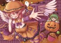  2girls animal_ears argyle_background arinu bare_shoulders basket bird_ears bird_wings blush blush_stickers breasts candy candy_cane cleavage detached_collar detached_sleeves dog_ears doughnut dress earrings feathered_wings fingernails food frilled_dress frills green_eyes green_hair green_nails hair_between_eyes halloween hat jack-o&#039;-lantern jewelry kasodani_kyouko large_breasts lollipop mochi_(touhou) muffin multiple_girls mystia_lorelei nail_polish oerba_yun_fang one_eye_closed open_mouth orange_dress orange_headwear pink_eyes pink_hair purple_sleeves short_hair single_earring skin_fang sleeve_garter smile striped_clothes striped_thighhighs thighhighs touhou white_wings wide_sleeves winged_hat wings 