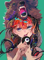  aimitkkays bare_shoulders bear_hat bear_pelt bleeding blood blood_on_face blue_eyes brown_hair candy colored_inner_hair colorful commentary drill_hair eyeball eyelashes female food green_background green_eyes heterochromia highres holding holding_candy holding_eyeball holding_food holding_lollipop licking lollipop looking_away melting mole mole_on_cheek mole_on_forehead mole_under_eye multicolored_eyes multicolored_hair open_mouth original pelt portrait purple_eyes red_hair sideways_glance simple_background solo symbol-only_commentary tongue tongue_out twin_drills twintails 