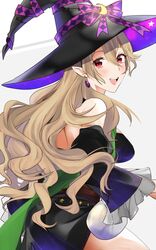  absurdres back bare_shoulders black_dress black_hat black_sleeves blush breasts commentary_request corrin_(female)_(fire_emblem) corrin_(female)_(halloween)_(fire_emblem) corrin_(fire_emblem) detached_sleeves dress earrings female fire_emblem fire_emblem_fates fire_emblem_heroes from_behind grey_hair hair_between_eyes halloween halloween_costume hat highres jewelry long_hair looking_at_viewer medium_breasts official_alternate_costume open_mouth pointy_ears red_eyes simple_background smile solo sou_mei teeth upper_teeth_only white_background witch witch_hat 