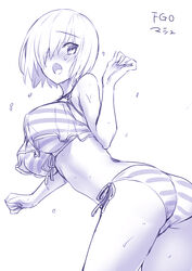  ass bikini blush breasts character_name commentary_request fate/grand_order fate_(series) female hair_over_one_eye highres hisasi large_breasts mash_kyrielight mash_kyrielight_(swimsuit_of_perpetual_summer_ver.02) monochrome official_alternate_costume open_mouth paid_reward_available purple_theme short_hair side-tie_bikini_bottom simple_background solo striped_bikini striped_clothes swimsuit 