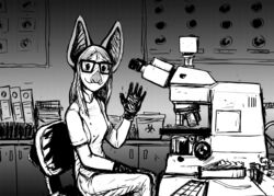  2022 anthro bat beady_eyes black_and_white buffy_(hladilnik) chair clothing eyewear female freckles furniture gesture glasses gloves handwear hi_res hladilnik laboratory laboratory_equipment leaf-nosed_bat looking_at_viewer mammal microbat microscope monochrome scientific_instrument scientist sitting solo vampire_bat waving waving_at_viewer yangochiropteran 