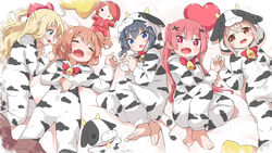  5girls :d :o animal_print barefoot bell black_hair blonde_hair blue_eyes blush bottle brown_eyes brown_hair character_doll chinese_zodiac closed_eyes commentary cow_hood cow_print flower green_eyes hair_flower hair_ornament hair_ribbon hairclip highres himesaka_noa holding_hands hood hood_down hood_up hoshino_hinata hoshino_miyako_(wataten) konomori_kanon light_brown_hair long_hair long_sleeves lying makuran milk_bottle multiple_girls oerba_yun_fang on_back on_side one_side_up open_mouth pajamas pink_eyes print_pajamas red_hair red_ribbon ribbon shirosaki_hana short_hair smile stuffed_cow tanemura_koyori twintails watashi_ni_tenshi_ga_maiorita! x_hair_ornament year_of_the_ox 