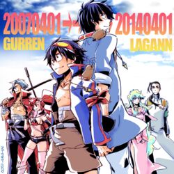  2girls 4boys anniversary back-to-back blue_hair boota cloud dual_persona gun kamina multiple_boys multiple_girls nia_teppelin nonosaki older rifle rossiu simon sky smile sword tengen_toppa_gurren_lagann weapon yoko_littner younger 