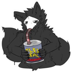  1:1 2018 5_fingers alpha_channel anthro ausjamcian bendy_straw big_tail black_body black_fur can canid canine canis changed_(video_game) claws container drinking drinking_straw dripping english_text fingers flex_seal fluffy fur goo_creature latex lol_comments male mammal mask monster puro_(changed) reaction_image simple_background solo straw_(disambiguation) tail text transparent_background wolf 