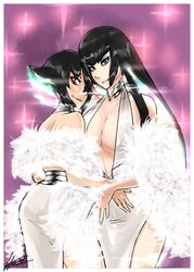  2girls aged_up alternate_universe bad_end bare_shoulders black_hair blossomppg blue_eyes blue_nails breasts center_opening choker cleavage commentary_request commission cosplay dress eyeshadow feather_boa highres hug kill_la_kill kiryuuin_ragyou kiryuuin_ragyou_(cosplay) kiryuuin_satsuki large_breasts long_hair looking_at_viewer makeup matoi_ryuuko multicolored_hair multiple_girls nail_polish rainbow_hair red_nails short_hair side_slit signature smile sparkle symbol-shaped_pupils 