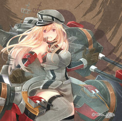  bad_id bad_pixiv_id bismarck_(kancolle) blonde_hair blue_eyes blush breasts brown_gloves cannon commentary_request detached_sleeves female gloves grey_thighhighs hat kantai_collection large_breasts long_hair military military_hat military_uniform peaked_cap serino_itsuki solo thighhighs turret uniform 