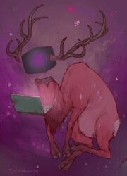  animate_inanimate antlers bad_metadata computer deer electronics featureless_crotch for_a_head fursona_generator hooves horn iguanamouth laptop levitating mammal missing_sample object_head semi-anthro signature solo what 