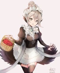  atoatto basket commentary cosplay felicia_(fire_emblem) felicia_(fire_emblem)_(cosplay) female fire_emblem fire_emblem_fates fire_emblem_heroes food fruit gem grey_eyes grey_hair hair_bun holding holding_basket juliet_sleeves kana_(female)_(fire_emblem) kana_(fire_emblem) long_sleeves maid maid_headdress open_mouth pointy_ears puffy_sleeves ribbon signature simple_background single_hair_bun solo strawberry thighhighs white_ribbon zettai_ryouiki 