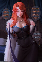  1girls 2023 ambiguous_pov big_breasts breasts castlevania castlevania_(netflix) cleavage cleavage_cutout clothed clothed_female coat comic comic_page cute cute_fang dialogue dress fangs female female_focus female_only femdom fur jewelry leash lenore_(castlevania) long_ears long_hair looking_at_viewer luminyu male_(lore) male_pov medium_breasts necklace orange_hair page_3 pointy_ears pov red_eyes red_hair smile smiling solo solo_female solo_focus speech_bubble vampire vampire_girl very_long_hair 