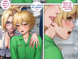  1boy 1girls aether_(genshin_impact) alexander_dinh blonde_hair color comic_page crossover dialogue doctor drawing eastern_and_western_character genshin_impact glasses horny_female imminent_sex long_hair mercy overwatch overwatch_2 patient taller_girl text 