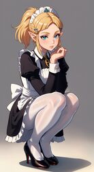  1girls ai_generated artist_request black_shoes blonde_hair blue_eyes breath_of_the_wild female female_only high_heels long_sleeves maid maid_headdress maid_uniform pantyhose pointy_ears princess_zelda solo source_request squatting the_legend_of_zelda white_pantyhose zelda_(breath_of_the_wild) 