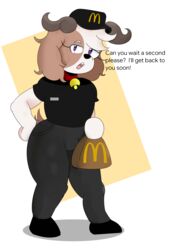  anthro artist_signature bag big_hips black_text bovine bovine_humanoid boy brown_fur employee_uniform fanart fanart_from_twitter fast_food fast_food_uniform femboy fur furry furry_male furry_tail girly goat_ears goat_horns goatee laranxart looking_at_viewer macdonald mammal mammal_humanoid mcdonald&#039;s oc original original_character posted_by_artist purple_eyes short_hair simple_background speaking tarantino_(laranxart) twitter_user_oc uniform white_background white_body worker 