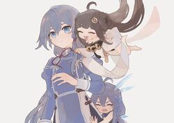  3girls :d black_hair blue_eyes blue_shirt book_of_fuxi brown_hair china_dress chinese_clothes closed_mouth dress fu_hua fu_hua_(valkyrie_accipiter) glasses grey_background highres honkai_(series) honkai_impact_3rd long_hair long_sleeves mogomaco multiple_girls open_mouth ponytail shirt simple_background smile water&#039;s_edge 