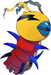  antennae beak bug caterpillar creature digimon digimon_(creature) digimon_survive full_body kunemon lightning_bolt_print lowres multiple_legs no_eyes no_humans official_art open_mouth shiny solo stinger tongue transparent_background ukumo_uichi 