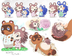  2020 animal_crossing anthro apron baby ball_of_yarn black_eyes blue_body blue_eyes blue_fur bodily_fluids brown_body brown_fur canid canine closed_eyes clothing curled_up eulipotyphlan extreme_size_difference featureless_feet featureless_hands feet female fur group half-closed_eyes hedgehog holding_character japanese_text knitting larger_male lolicon lying mabel_able male mammal micro micro_in_hand narrowed_eyes nintendo on_back raccoon_dog sable_able shirt simple_background size_difference sleeping smaller_young sound_effects standing sweat tanuki text tom_nook_(animal_crossing) topwear under10mato vowelless vowelless_sound_effect white_background yarn young young_anthro zzz 