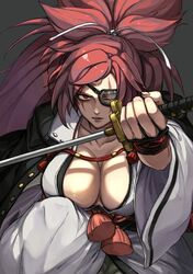  amputee baiken big_hair black_kimono breasts cleavage ebi_pri_shrimp eyepatch facial_tattoo female grey_background guilty_gear guilty_gear_strive holding holding_sword holding_weapon japanese_clothes kataginu katana kimono large_breasts multicolored_clothes multicolored_kimono one-eyed open_clothes open_kimono red_eyes reverse_grip samurai scar scar_across_eye scar_on_face solo squatting sword tassel tattoo weapon 