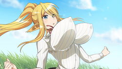  anatomical_nonsense animal_ears artist_request blonde_hair blue_eyes breasts centaur centorea_shianus covered_nipples female game_cg grass high_ponytail horse_ears huge_breasts impossible_clothes impossible_shirt long_hair monster_musume_no_iru_nichijou monster_musume_no_iru_nichijou_online official_alternate_costume official_art open_mouth outdoors pointy_ears shirt sidelocks solo taur very_long_hair white_shirt 