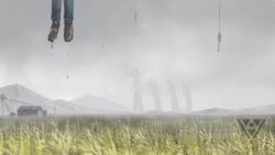  artist_name brown_footwear building field fog giant hanging joki_yoh mountainous_horizon original outdoors power_lines rope scenery science_fiction standing surreal 