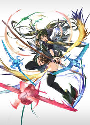  aircraft airplane arrow_(projectile) boots bow_(weapon) brown_gloves dark_green_hair drawing_bow female flight_deck gloves granblue_fantasy_(style) green_eyes hair_ribbon hakama hakama_short_skirt hakama_skirt holding holding_bow_(weapon) holding_weapon japanese_clothes kantai_collection long_hair muneate partially_fingerless_gloves quiver ribbon rigging single_glove skirt solo tasuki thigh_boots thighhighs twintails weapon white_ribbon youmou_usagi yugake yumi_(bow) zuikaku_(kancolle) zuikaku_kai_ni_(kancolle) 