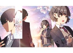  1boy :o black_jacket blazer blush braid brown_cardigan brown_hair cardigan cellphone collared_shirt commentary_request douka_ore_wo_houtteoitekure female fingernails flower ga_bunko grey_skirt hair_flower hair_ornament hanamitsuji_sora hands_up highres holding holding_phone jacket long_sleeves looking_at_another mamyouda miniskirt multiple_views nail_polish nanamura_hodaka necktie novel_illustration official_art open_clothes open_jacket outdoors phone pink_flower pink_nails pleated_skirt red_eyes school_uniform shirt short_hair skirt sleeves_past_wrists teeth translated upper_teeth_only white_shirt 