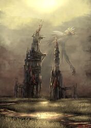  brown_sky cloud crown fantasy field joki_yoh monster no_humans original outdoors river ruins skeleton 