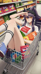  absurdres alternate_costume animal_ears bandaid bandaid_on_face bandaid_on_nose black_hair black_headband black_shorts blue_footwear closed_mouth feet_out_of_frame female hair_between_eyes headband highres horse_ears horse_girl horse_tail in_shopping_cart long_hair looking_at_viewer manunnu narita_brian_(umamusume) ponytail shoes shopping_cart short_sleeves shorts snack sneakers socks solo tail umamusume white_socks yellow_eyes 