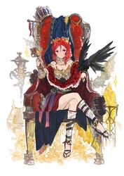  absurdres alchemaniac animal_on_arm ankle_wrap bare_shoulders bird bird_on_arm breasts capelet chalice circlet cleavage coin crossed_legs crown cup female flag granblue_fantasy granblue_fantasy_(style) highres jewelry lamp leg_wrap love_live! love_live!_school_idol_project medium_breasts medium_hair nishikino_maki photoshop_(medium) purple_eyes red_hair ring sandals sitting solo throne treasure_chest unworn_crown vambraces 