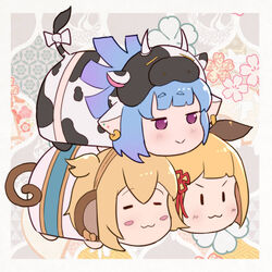  3girls :&gt; :3 andira_(granblue_fantasy) animal_ears animal_print blonde_hair blue_hair blush bow catura_(granblue_fantasy) closed_eyes closed_mouth commentary_request cow_ears cow_girl cow_horns cow_print cow_tail dog_ears draph ear_piercing erune floral_background gradient_hair granblue_fantasy hair_ornament horns monkey_ears monkey_girl monkey_tail multicolored_hair multiple_girls piercing purple_eyes purple_hair short_eyebrows tail tail_bow tail_ornament thick_eyebrows two_side_up uneg v-shaped_eyebrows vajra_(granblue_fantasy) white_bow |_| 