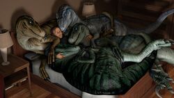  16:9 2021 3d_(artwork) 4k absurd_res bed bedroom bedroom_eyes blue_(jurassic_world) charlie_(jurassic_world) claws closed_eyes clothed clothing cuddling delta_(jurassic_world) detailed_background digital_media_(artwork) dinosaur dromaeosaurid echo_(jurassic_world) extinct feet female female_(lore) feral finger_claws furniture group half-closed_eyes hi_res hug human inside ivorylagiacrus jurassic_park jurassic_world licking looking_at_viewer lying male mammal narrowed_eyes on_bed on_side open_mouth pile prehistoric_species relaxing reptile scalie seductive sharp_teeth size_difference sleeping smile source_filmmaker_(artwork) tail teeth theropod tongue tongue_out universal_studios velociraptor widescreen 