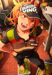  2girls 4chan :d absurdres all_fours barefoot belt black_belt black_pants blood breasts burger_king burger_king_foot_lettuce_(meme) chainsaw_man clothes_writing collarbone collared_shirt commentary cross-shaped_pupils cutting_board employee_uniform english_commentary fangs fast_food_uniform from_above hair_between_eyes hands_on_own_hips head_tilt hello_kitty hello_kitty_(character) higashiyama_kobeni highres horns indoors khyle. lettuce looking_at_viewer medium_breasts meme multiple_girls name_tag no_shoes nostrils open_mouth pants patreon_logo patreon_username polo_shirt power_(chainsaw_man) red_horns sanrio sharp_teeth shirt short_sleeves sliced_cheese smile standing symbol-shaped_pupils teeth tile_floor tiles uniform visor_cap watch watermark web_address wristwatch 