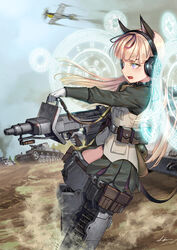  action aircraft airplane alexandra_heinrich ammunition_pouch animal_ears battle belt bf_109 black_ribbon blonde_hair blunt_bangs caterpillar_tracks commentary_request female flying gloves green_shirt hair_ribbon headphones headset holding holding_weapon implied_extra_ears kws land_striker long_hair long_sleeves magic_circle military military_vehicle motor_vehicle open_mouth original outdoors panzer_iv pouch ribbon shirt signature sky smoke solo strike_witches_(lionheart_witch) striker_unit tail tank thigh_pouch throat_microphone tree vest war weapon white_gloves world_witches_series 