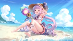  ;d armpits barefoot beach bikini bikini_skirt blush bow bow_bikini cementite choker day elf feet female flower flower_choker frilled_bikini frills full_body hat hat_bow hat_flower highres holding holding_staff horizon kyoka_(princess_connect!) kyoka_(summer)_(princess_connect!) legs long_hair one_eye_closed outdoors panties pointy_ears princess_connect! purple_hair sidelocks sitting smile soles solo staff straw_hat sun_hat sunflower swimsuit toes twintails underwear very_long_hair water white_bikini white_panties yellow_eyes 