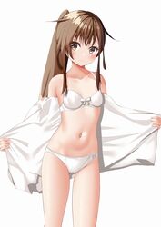  amano_miyako blush bow bow_bra bra breasts brown_eyes brown_hair closed_mouth collarbone commentary_request cowboy_shot female fumizuki_(kancolle) kantai_collection looking_at_viewer navel open_clothes open_shirt panties ponytail shirt_partially_removed simple_background small_breasts solo underwear wavy_mouth white_background white_bra white_panties 