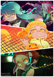  3girls agent_3_(splatoon) agent_4_(splatoon) agent_8_(splatoon) aqua_hair bangs black_shirt blonde_hair blue_background blue_hair border closed_mouth cloud cloudy_sky frown glowing glowing_eyes grim-rangeblaster highres inkling jacket long_hair looking_at_viewer looking_to_the_side multiple_girls net octoling orange_eyes orange_sky outdoors pink_hair shirt short_hair single_sleeve sky sleeveless smile splatoon_(series) splatoon_2 squidbeak_splatoon tentacle_hair white_border yellow_eyes yellow_jacket zapfish 