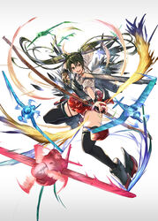  aircraft airplane arrow_(projectile) boots bow_(weapon) brown_gloves dark_green_hair drawing_bow female flight_deck gloves granblue_fantasy_(style) green_eyes hair_ribbon hakama hakama_short_skirt hakama_skirt holding holding_bow_(weapon) holding_weapon japanese_clothes kantai_collection long_hair muneate partially_fingerless_gloves quiver ribbon rigging single_glove skirt solo tasuki thigh_boots thighhighs twintails weapon white_ribbon youmou_usagi yugake yumi_(bow) zuikaku_(kancolle) zuikaku_kai_ni_(kancolle) 